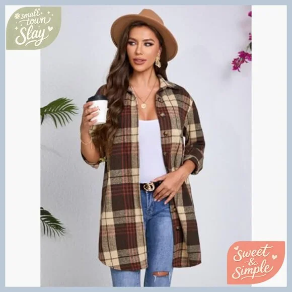 Women's Flannel Button-Down Shirt Long Sleeve Loose Fit Plaid Top - Picture 6 of 7